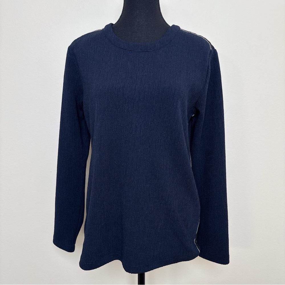 Stella Nova Womens 38 Navy Textured Striped Long Sleeve Crew Neck Top